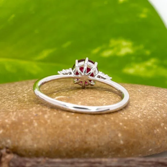 Round Rubellite Tourmaline Ring in Solid 14K White Gold with Diamond Accents